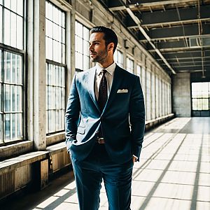 Confident Man in Blue Suit in Industrial Room