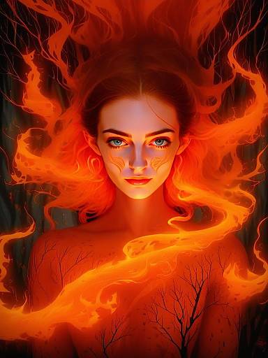 Fiery Woman with Illuminated Orange Hair and Mystical Blue Eyes Digital Art