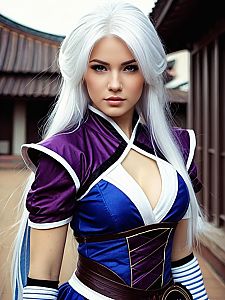 Fantasy Cosplay Woman with Silver Hair in Blue and Purple Outfit