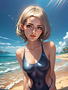Anime Woman in Blue Swimsuit on Sunny Beach Illustration
