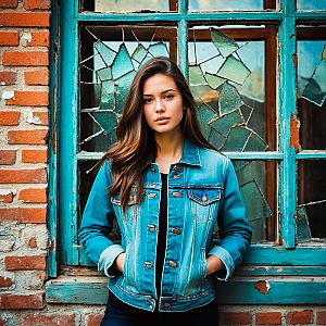 Young Woman in Denim Jacket by Vintage Window