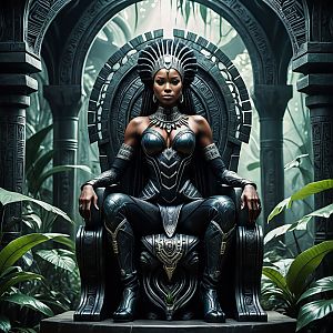 Powerful Woman in Dark Armor on Throne