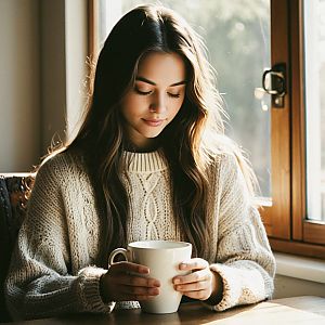Young woman by window with mug