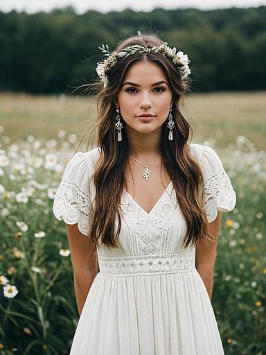 Young Woman in White Boho Wedding Dress with Floral Crown Outdoors