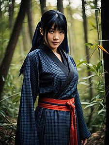 Woman in Traditional Japanese Kimono in Serene Forest