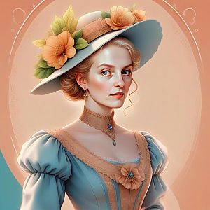 Vintage Portrait of Woman in Light Blue Dress with Hat