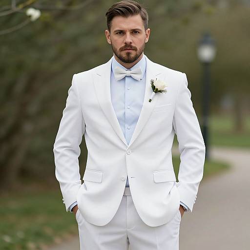 Confident Man in White Suit with Bow Tie Outdoors
