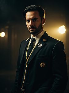 Man in Realistic Agent J Cosplay Costume with Gold Accents