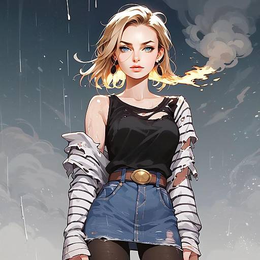 Confident Blonde Woman with Fiery Flame in Semi-Realistic Anime Style