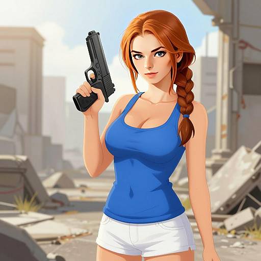 Digital Artwork of Confident Woman with Pistol in Urban Post-Apocalyptic Scene
