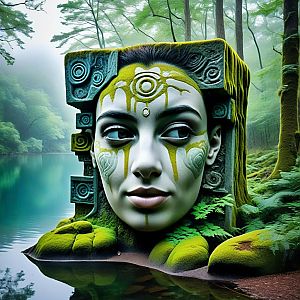 Surreal Woman's Face in Stone Sculpture