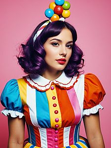 Woman in Colorful Candyland Costume with Purple Hair Studio Portrait