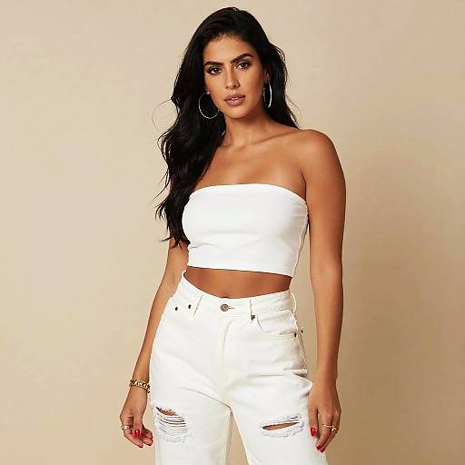 Stylish Woman in White Tube Top and Ripped Jeans Fashion Portrait