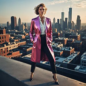 Confident Woman in Pink Coat Overlooking City at Sunset