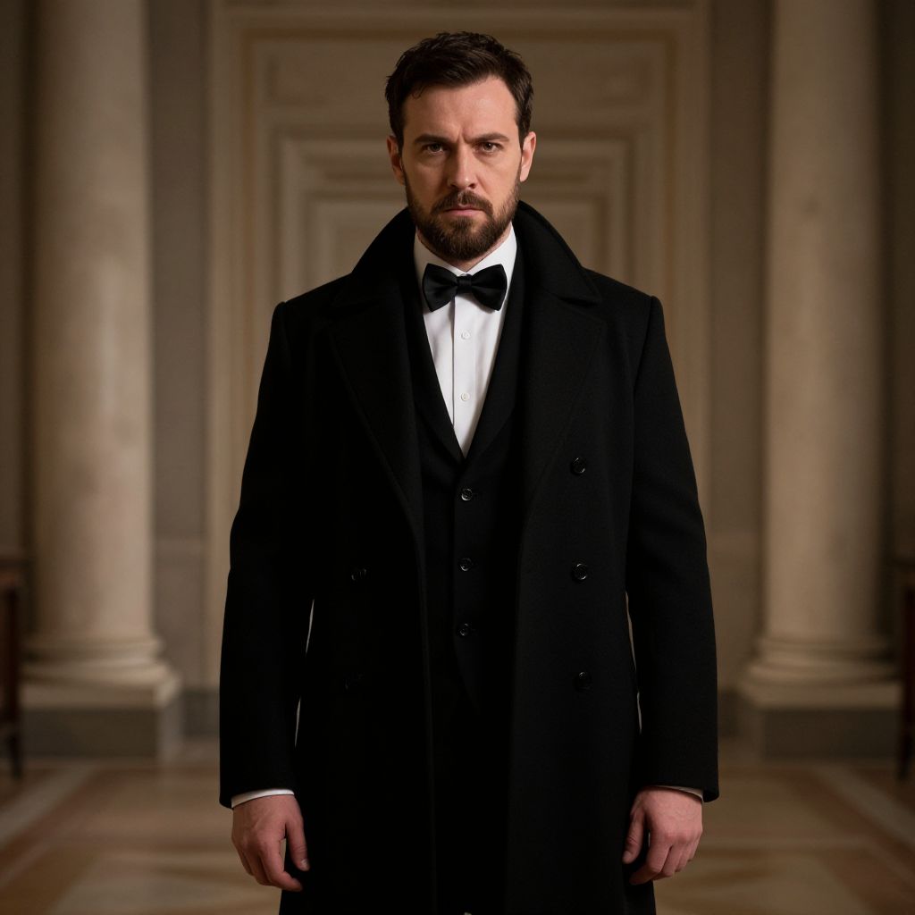 Elegant Man in Black Tuxedo and Overcoat in Classical Hall
