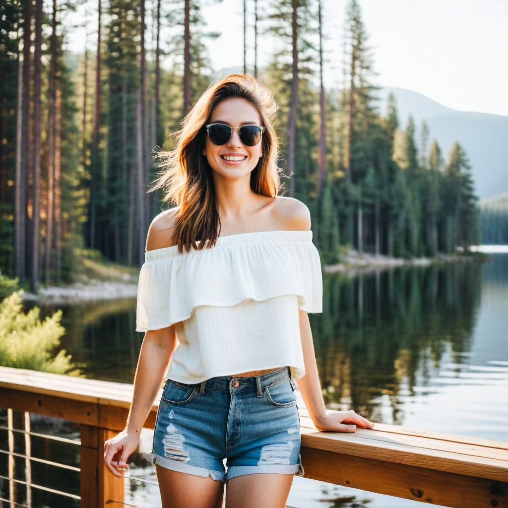 Smiling Woman by Tranquil Lake in Sunglasses