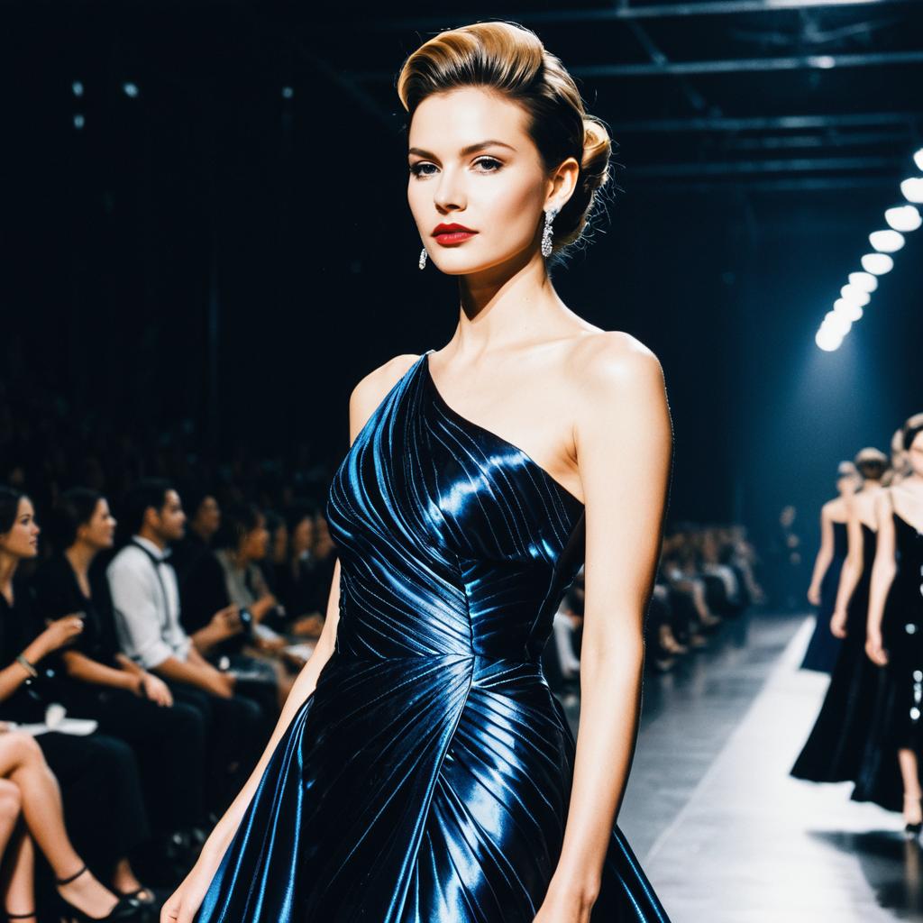 Elegant Woman in Blue Evening Gown on Fashion Runway