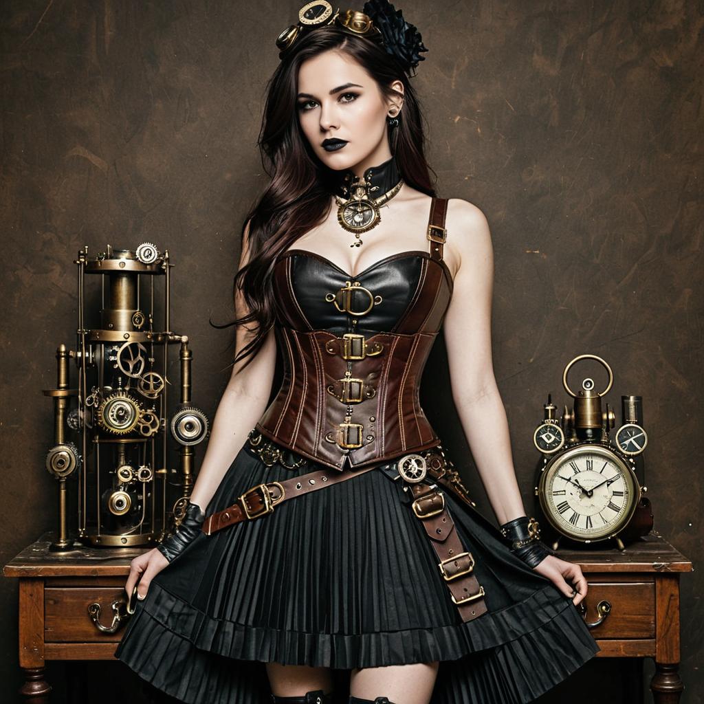 Woman in Steampunk Fashion with Antique Mechanical Clockwork