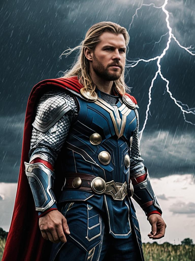 Man in Thor Love and Thunder Costume Photorealistic Outdoor Portrait