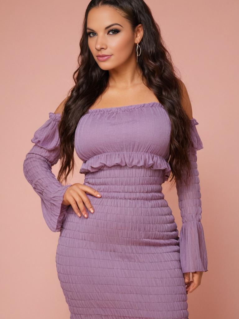 Stylish Woman in Mauve Off-the-Shoulder Dress