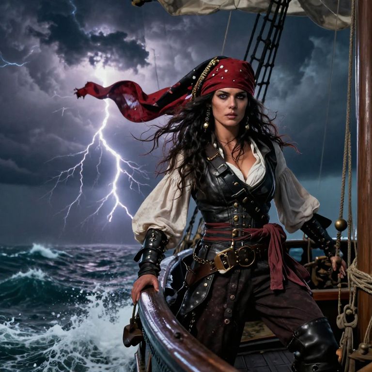 Fierce Pirate Woman on Stormy Ship Deck with Lightning