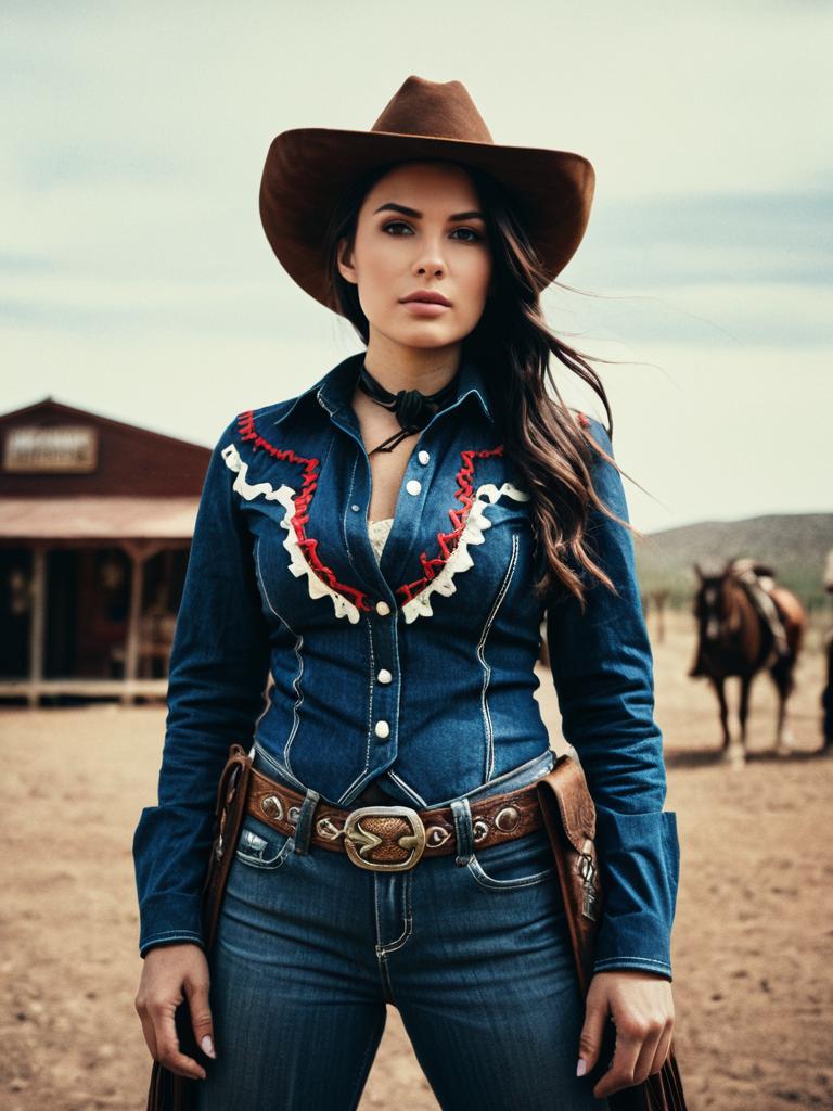 Woman in Cowgirl Costume Cinematic Realism Dramatic Western Cosplay