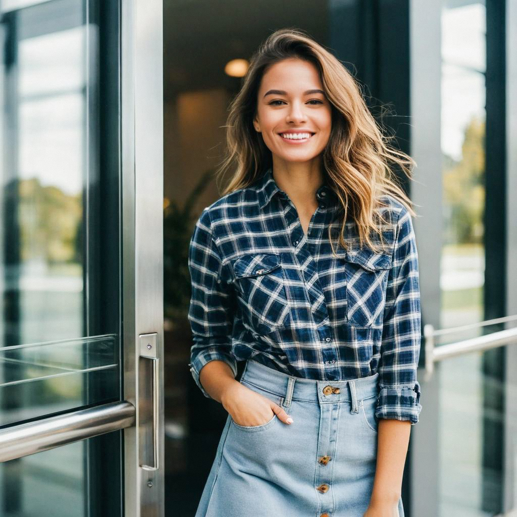 Smiling Woman in Blue Plaid Shirt and Denim Skirt