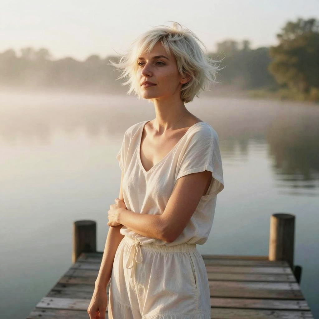 Young Woman on Misty Lake Dock in Casual Outfit