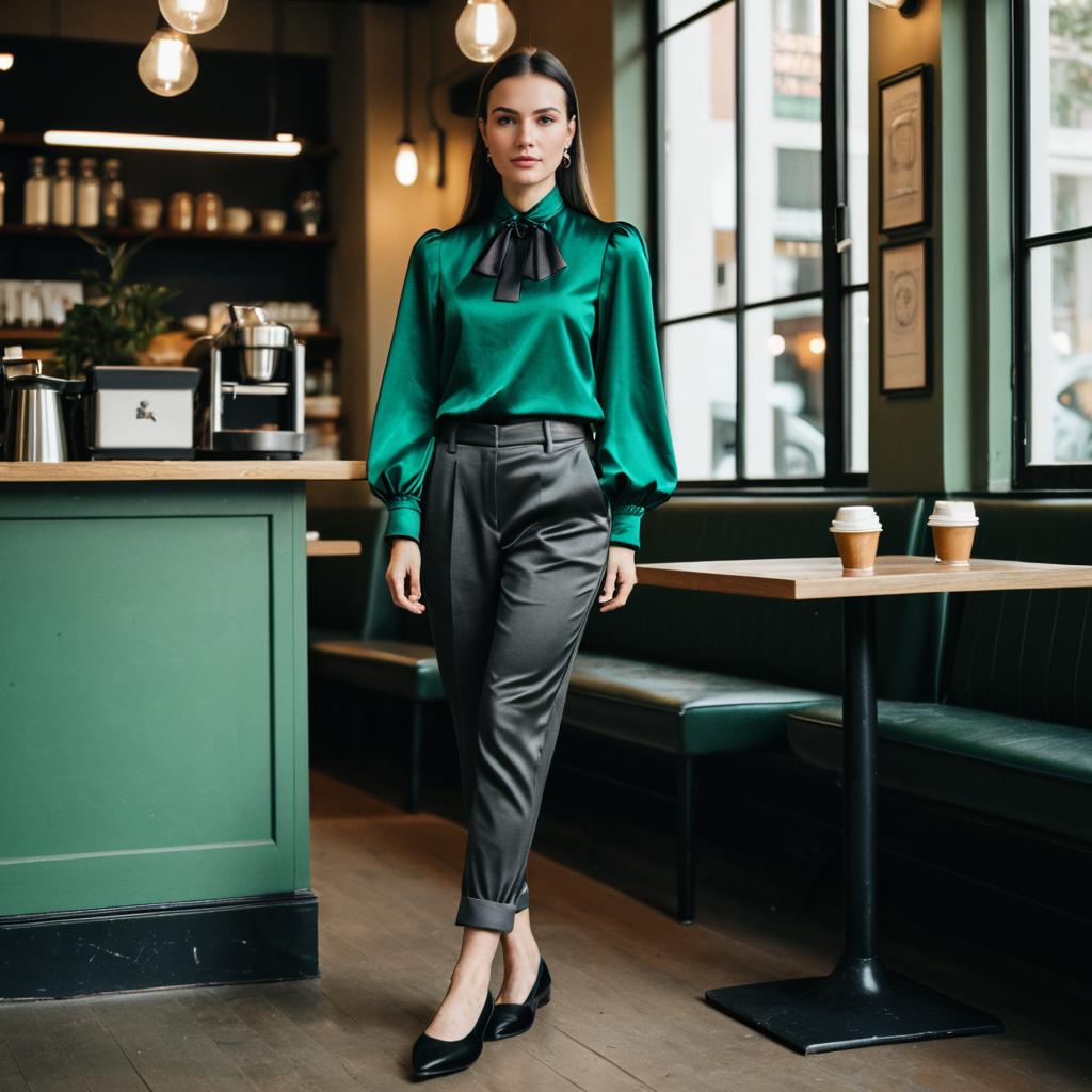 Elegant Woman in Green Blouse Walking in Modern Cafe