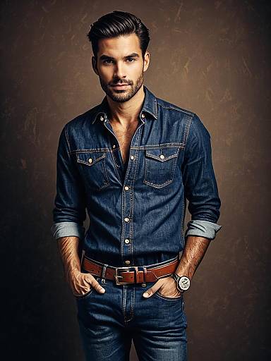 Man in Stylish Denim Jeans Outfit Waist-Up Editorial Portrait