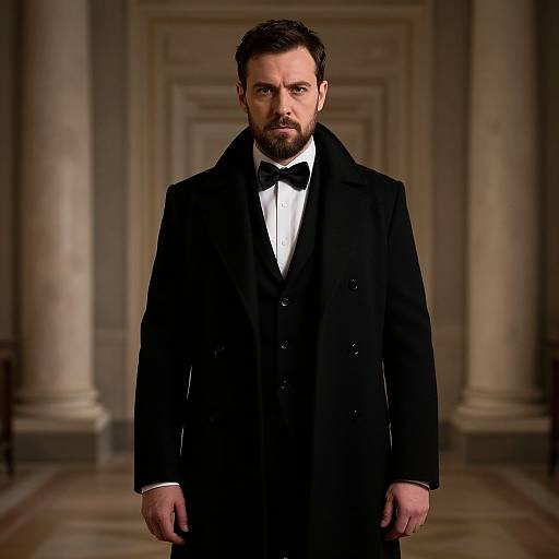 Elegant Man in Black Tuxedo and Overcoat in Classical Hall