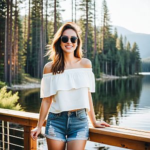Smiling Woman by Tranquil Lake in Sunglasses