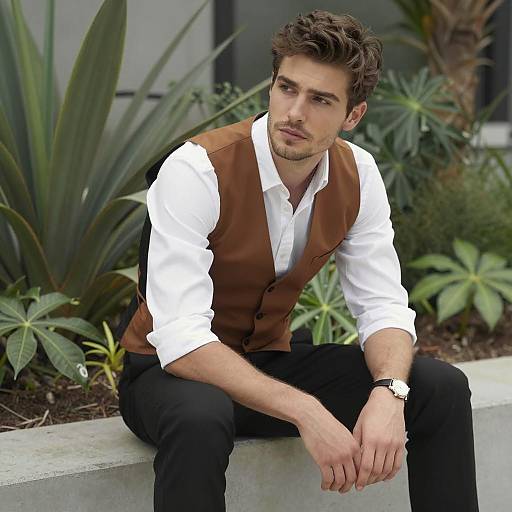 Stylish Young Man in Brown Vest Sitting Outdoors
