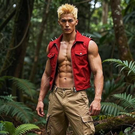 Muscular Man with Blonde Hair in Red Vest Posing in Jungle