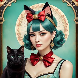 Woman with Teal Hair and Cat Ears beside a Black Cat
