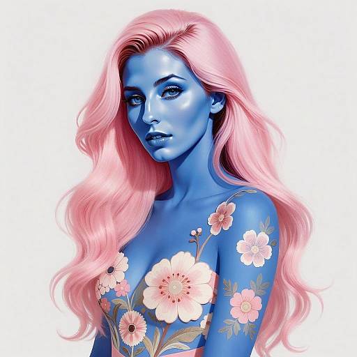 Blue Skinned Woman with Pink Hair and Floral Tattoos Digital Portrait