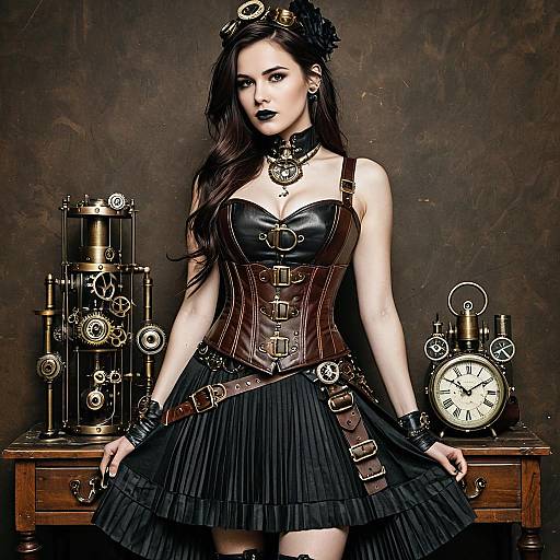 Woman in Steampunk Fashion with Antique Mechanical Clockwork