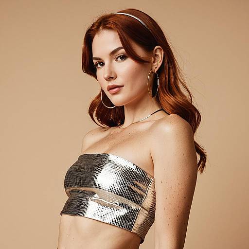 Stylish Red-Haired Woman in Metallic Silver Tube Top Portrait