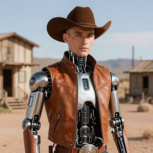 Futuristic Cyborg Cowboy with Leather Vest in Desert Town