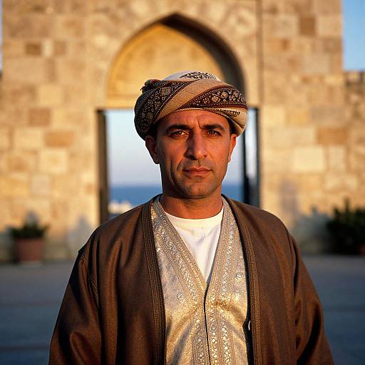 Middle Eastern Man in Traditional Robes and Turban at Historic Archway