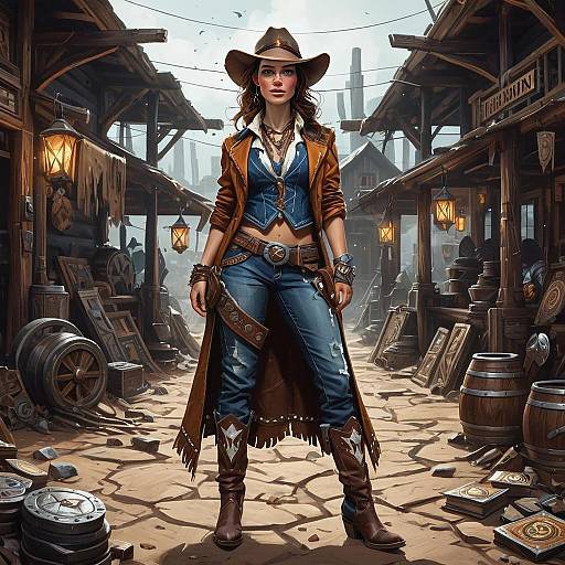 Confident Modern Cowgirl in Old Western Town Digital Art