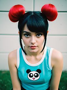 Young Woman with Red Buns in Turquoise Top