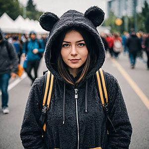 Young Woman in Black Animal Hoodie Outdoors