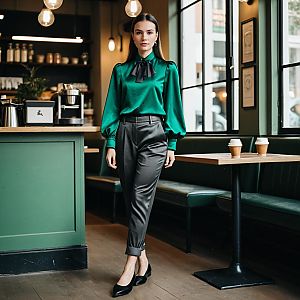 Elegant Woman in Green Blouse Walking in Modern Cafe