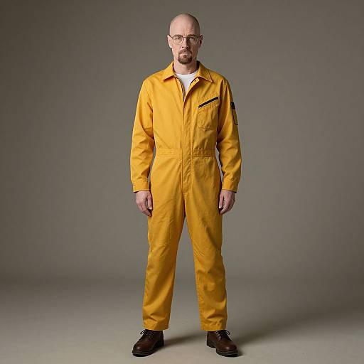 Man in Yellow Jumpsuit Standing Against Neutral Background