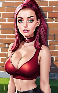 Stylish Woman with Pink Hair and Green Eyes in Red Crop Top Digital Art