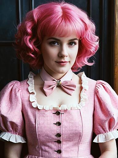 Woman in Pink Vintage Dress and Curled Hair Inspired by Harry Potter Umbridge