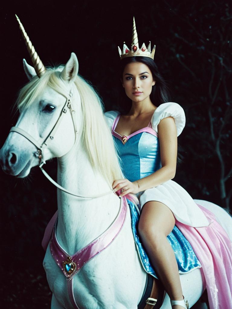 Woman in Princess Costume Riding White Unicorn Fantasy Editorial