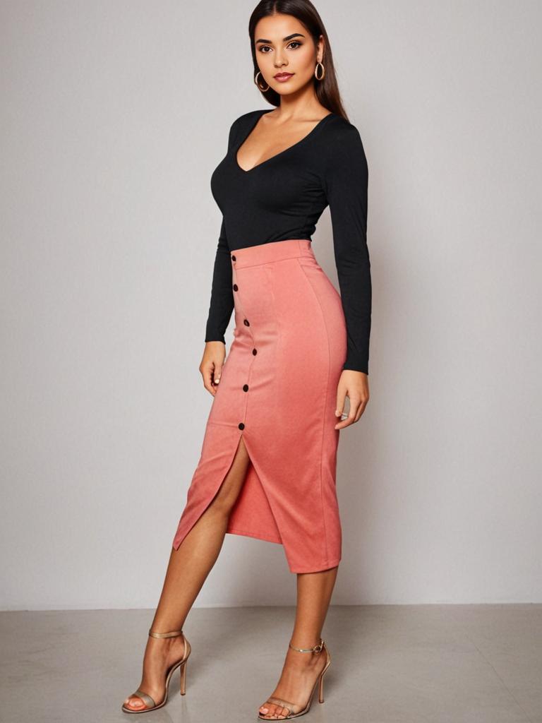 Confident Woman in Chic Coral Pencil Skirt