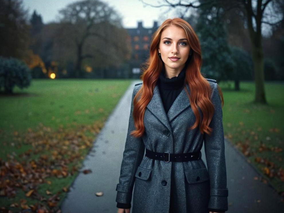 Confident Woman in Gray Coat at Autumn Park